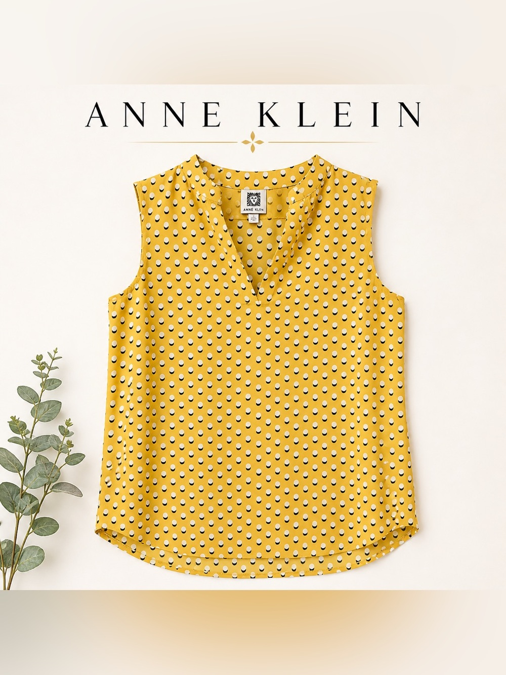 Anne Klein Yellow with White Polka Dot shadowed black Sleeveless Blouse